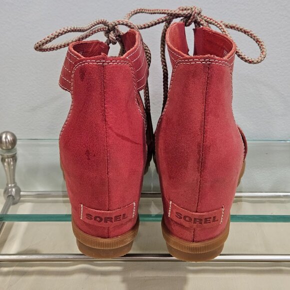 Sorel Joanie Red LL5347-602O pen Toe Cut Out Hi Wedge Heel Sandals Red Size 8.5 - Picture 4 of 14